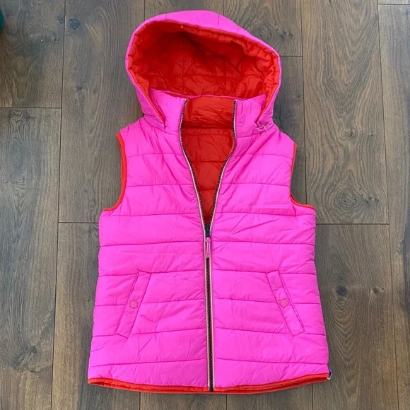 Boden Reversible Orange and Pink Puffer Vest size 4 removable hood New! - Picture 3 of 10